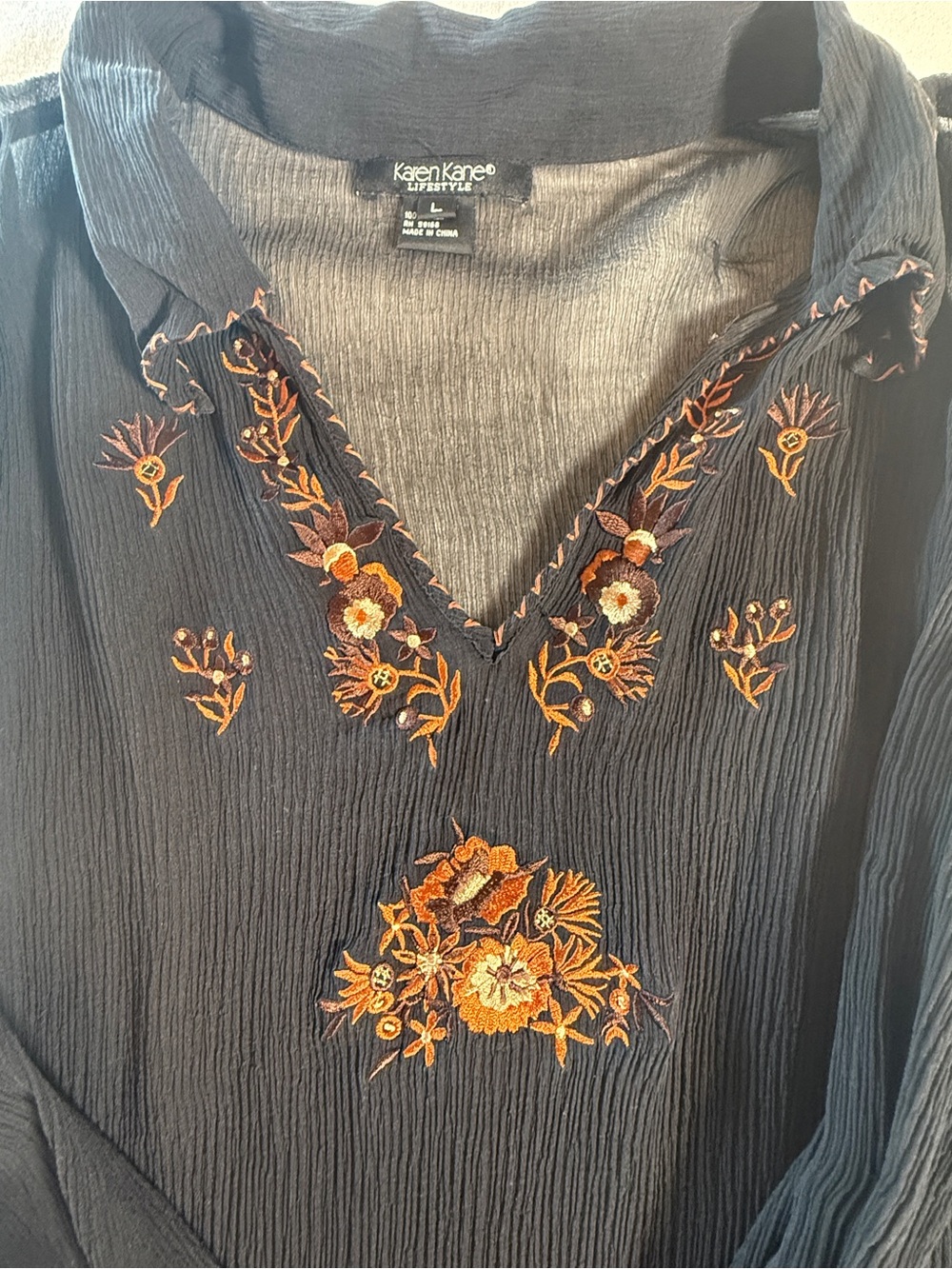 Vintage Karen Kane 100% Silk Black Sheer Floral Embroidery Boho Blouse Size L
